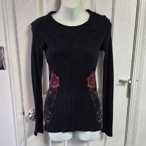 Papaya Black Ribbed Long-Sleeve Top with Rose Details